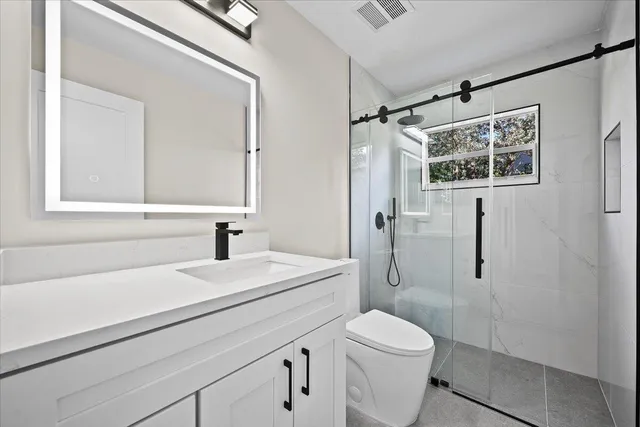 a bathroom with a sink a toilet and mirror