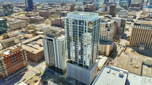 a city view with tall buildings