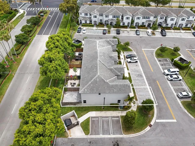 an aerial view of a swimming pool