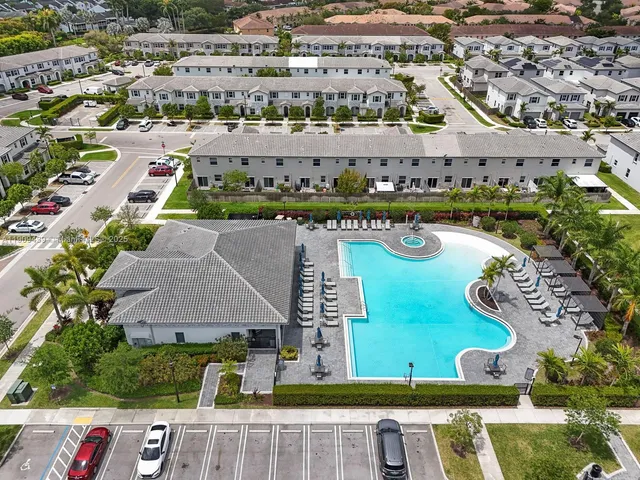 an aerial view of swimming pool and outdoor space
