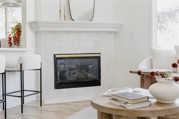 a living room with furniture and a table