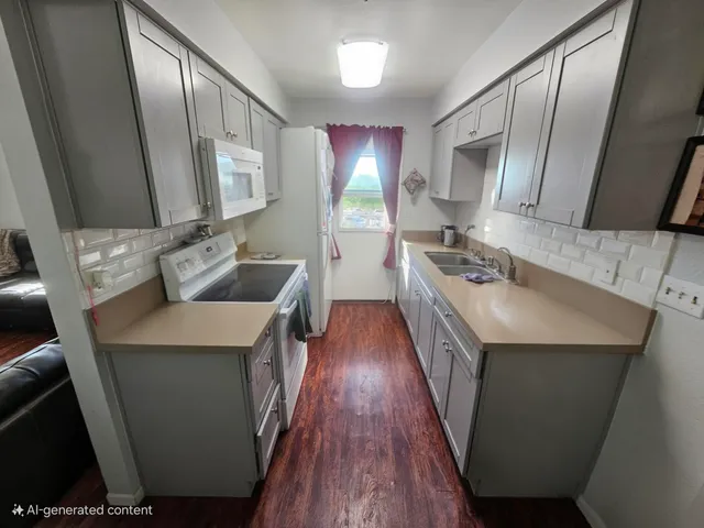 a kitchen with sink a refrigerator and wooden floor