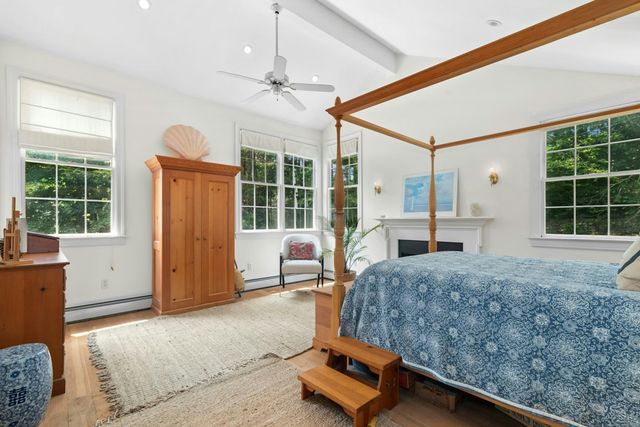 a bedroom with a bed and a tv on dresser
