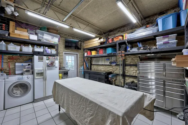 a view of a garage with storage