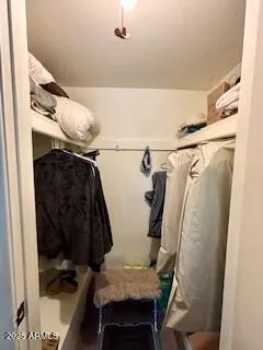 a view of walk in closet with clothes and shoes