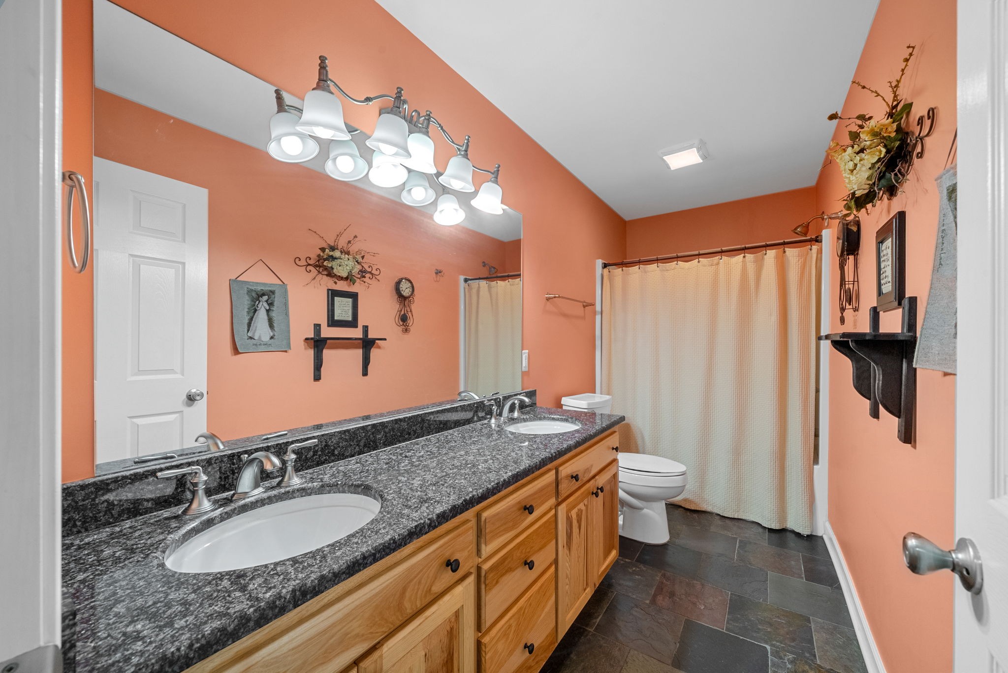 2834 Mosley Ferry Road Ashland City, TN 37015 - Photo 32 of 89 a spacious bathroom with a granite countertop sink a toilet a mirror a vanity and shower