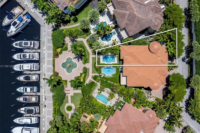an aerial view of a house with a garden