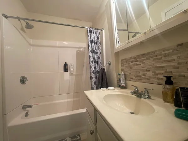 a bathroom with a sink a bathtub and shower