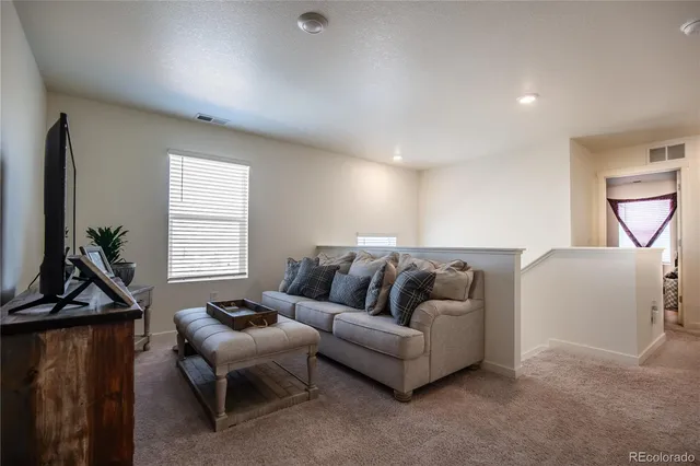 a living room with furniture a rug and a window