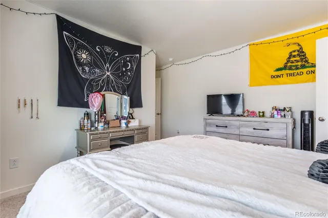 a bedroom with a bed and a flat screen tv