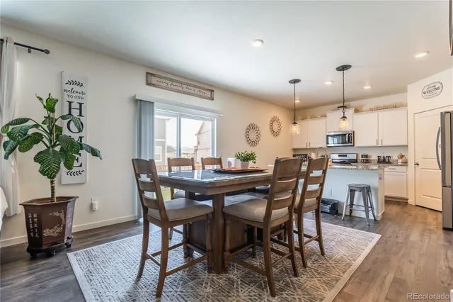a view of a dining room with furniture and wooden floor