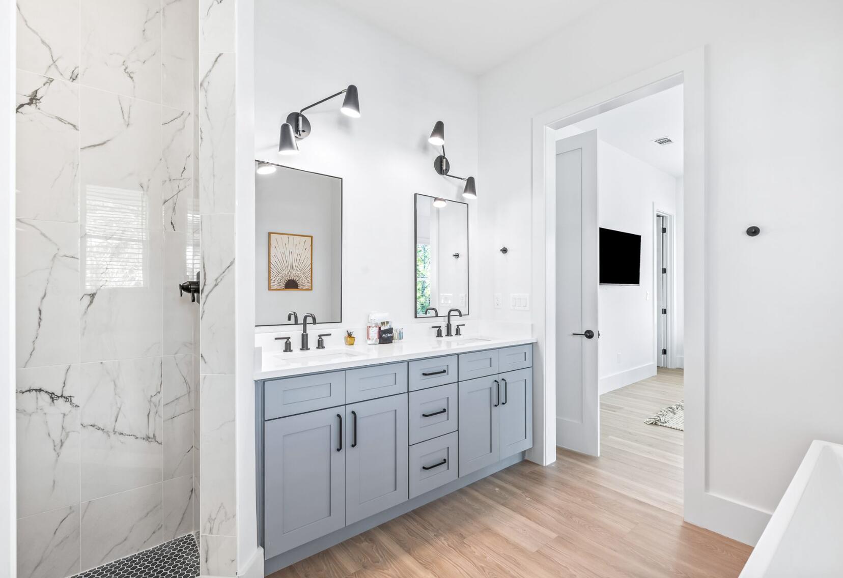 205 Redbud Ln Inlet Beach Inlet Beach, FL 32461 - Photo 14 of 34 a bathroom with a double vanity sink mirror and shower
