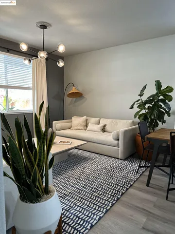 a living room with couches chandelier and a potted plant