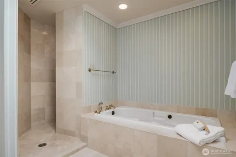 a bathroom with a bathtub and shower
