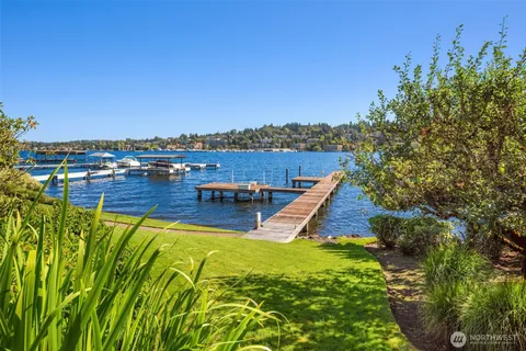 a view of a lake with couches
