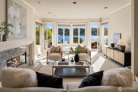 a living room with fireplace furniture and a floor to ceiling window