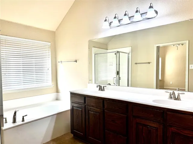 a bathroom with a double vanity sink bathtub and next to a window