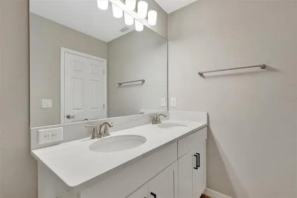 a view of tall trees with a fountain in the background