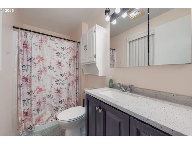 a bathroom with a sink a toilet and shower curtain