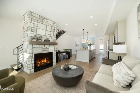 a living room with furniture and a fireplace