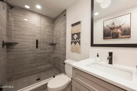 a bathroom with a sink a toilet and shower