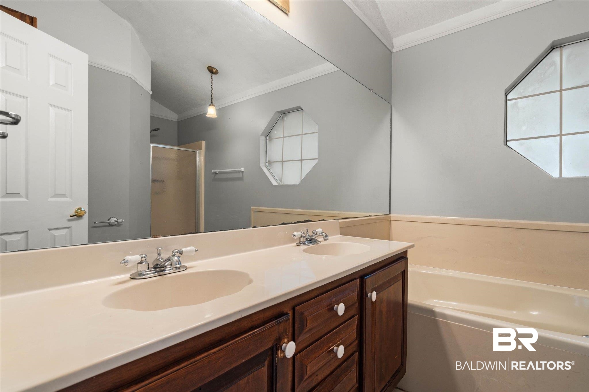 6632 Autumn Ridge Drive Mobile, AL 36695 - Photo 12 of 22 Bathroom with crown molding, a bath, a stall shower, and double vanity