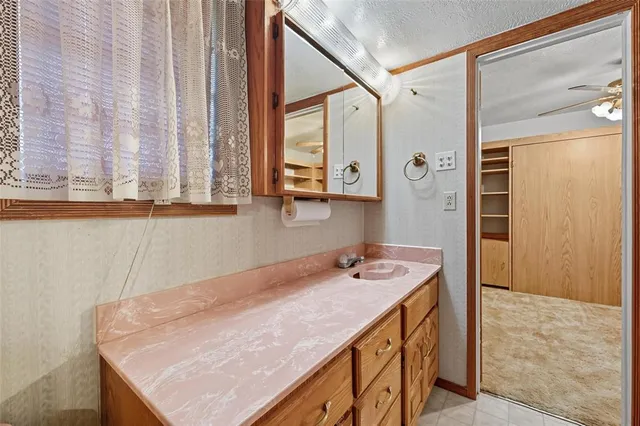 a bathroom with a sink a vanity and a mirror