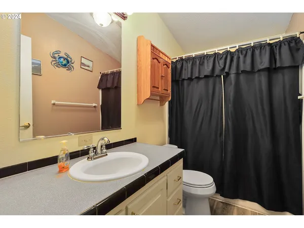 a bathroom with a sink a toilet a mirror and shower curtain