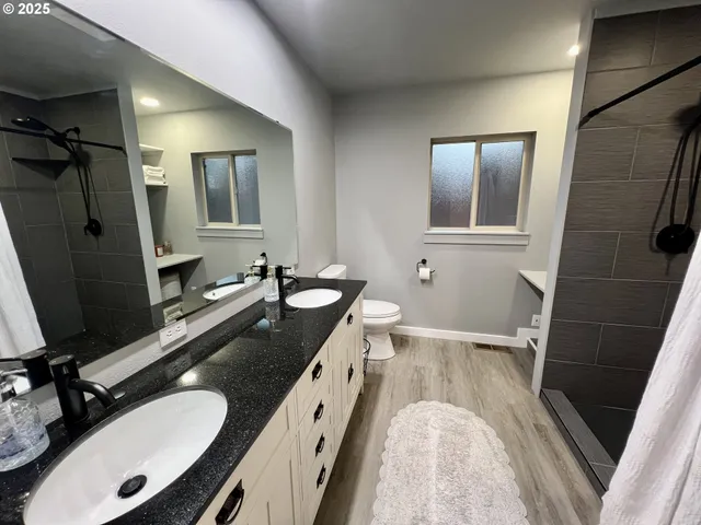 a bathroom with a sink a toilet a mirror and vanity