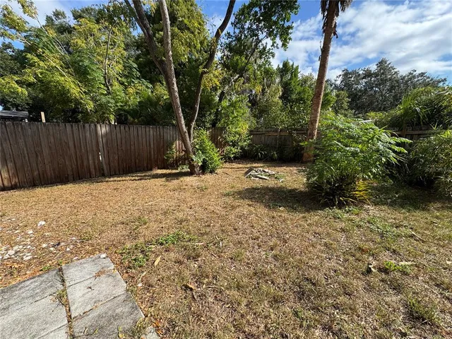 a backyard of a house with a large tree