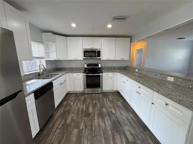 a kitchen with granite countertop a sink a counter top space stainless steel appliances and cabinets