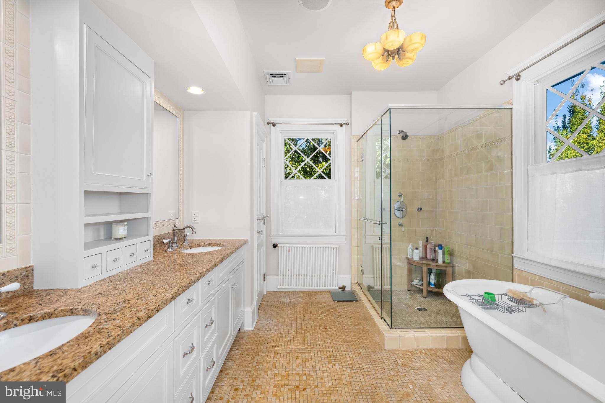 2955 Newark Street Northwest Washington, DC 20008 - Photo 34 of 47 a spacious bathroom with a granite countertop tub sink and mirror