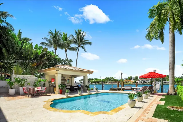 a view of a house with swimming pool and sitting area