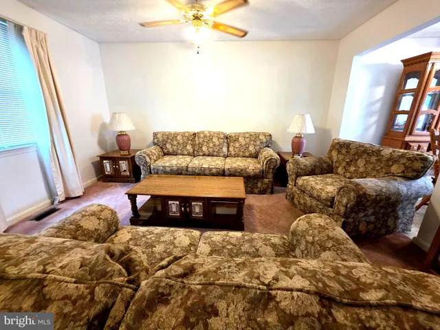a living room with couches and large mirror with wooden floor