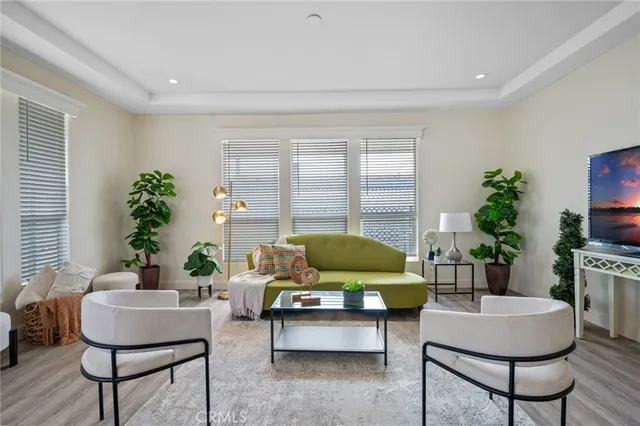 a living room with furniture and a potted plant