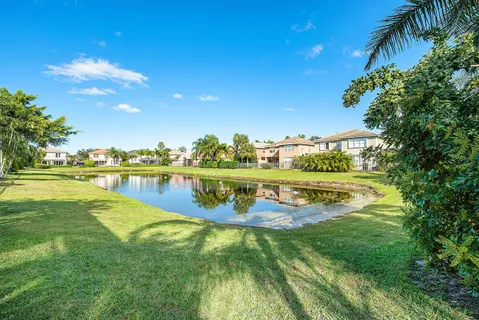 a view of a lake with a trees in the background