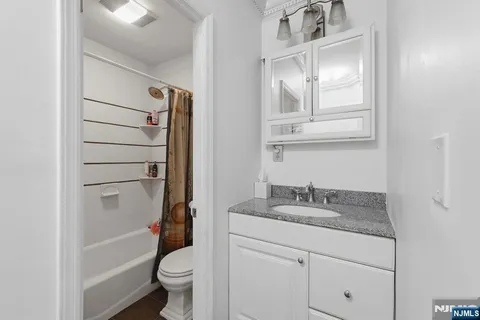 a bathroom with a granite countertop sink toilet and shower