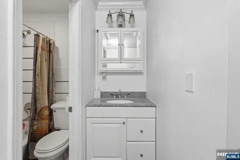 a bathroom with a granite countertop sink toilet and shower