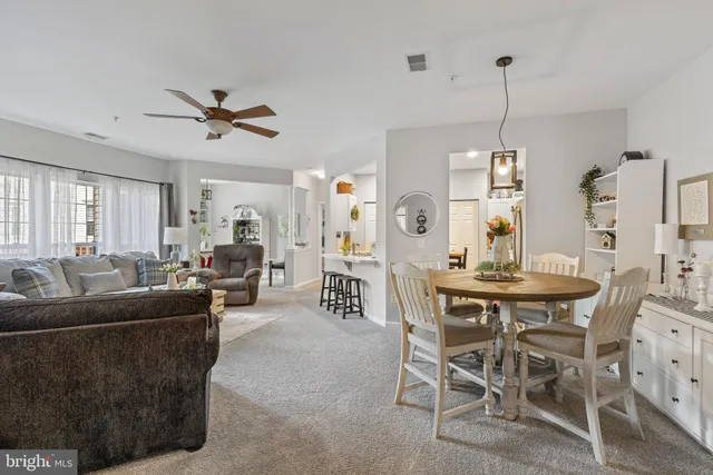 a view of a dining room and furniture