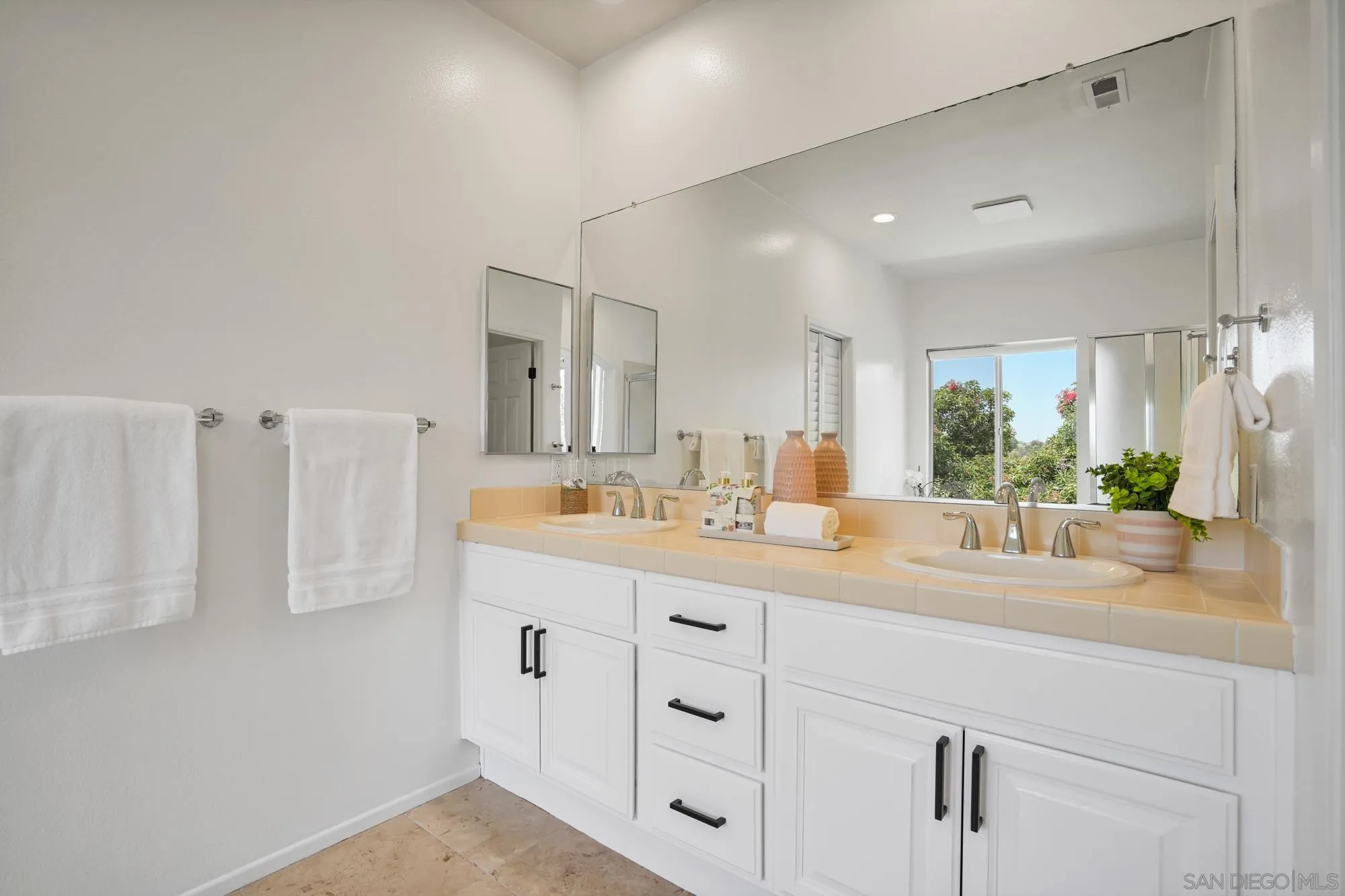 1137 Pacifica Place Encinitas, CA 92024 - Photo 24 of 31 a bathroom with a double vanity sink a mirror and a shower