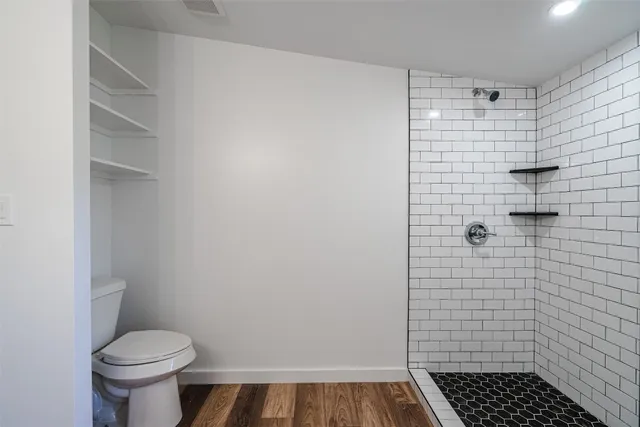 a bathroom with a toilet and a shower