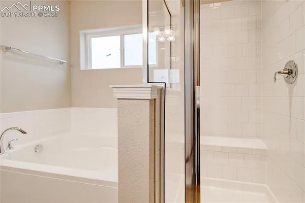 a bathroom with a bathtub and a shower