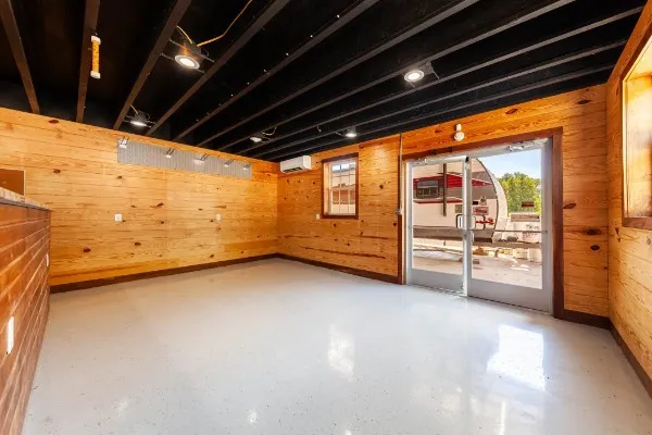 a view of a room with furniture and storage