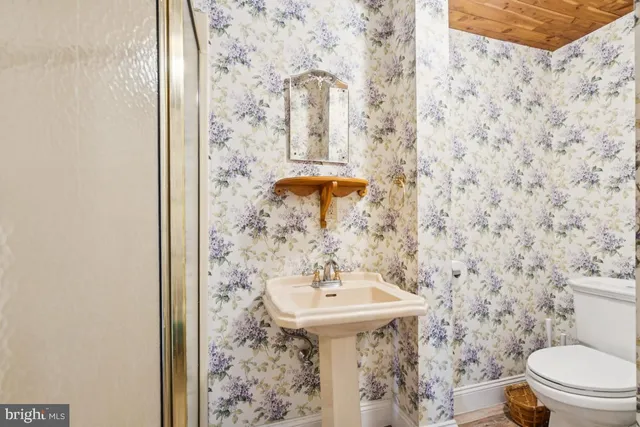 a bathroom with a sink a toilet and mirror