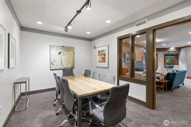 a view of a dining room with furniture