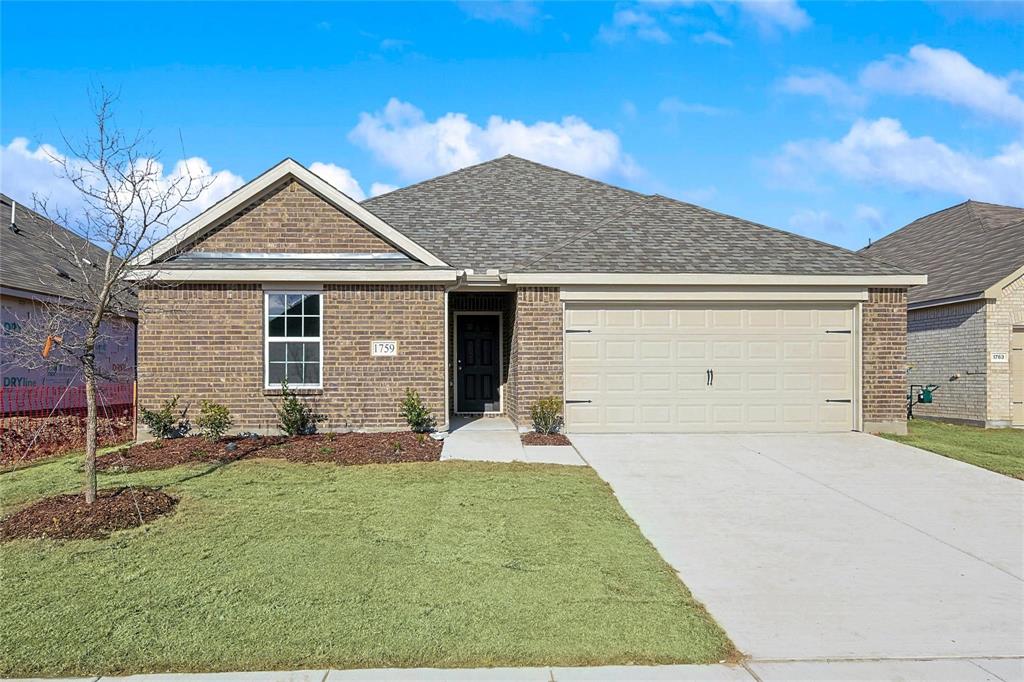 1759 Gleasondale Place Forney, TX 75126 - Photo 1 of 25 Single story home featuring roof with shingles, driveway, a front yard, a garage, and brick siding