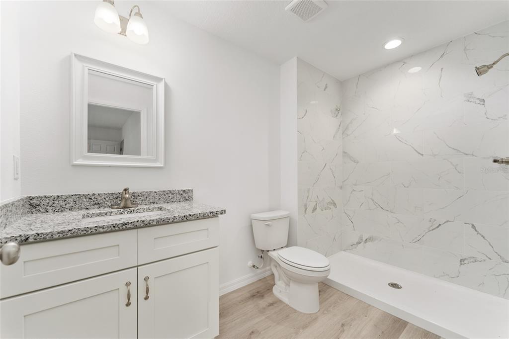 319 Fisher Road Ocklawaha, FL 32179 - Photo 30 of 48 a bathroom with a granite countertop sink a toilet and shower