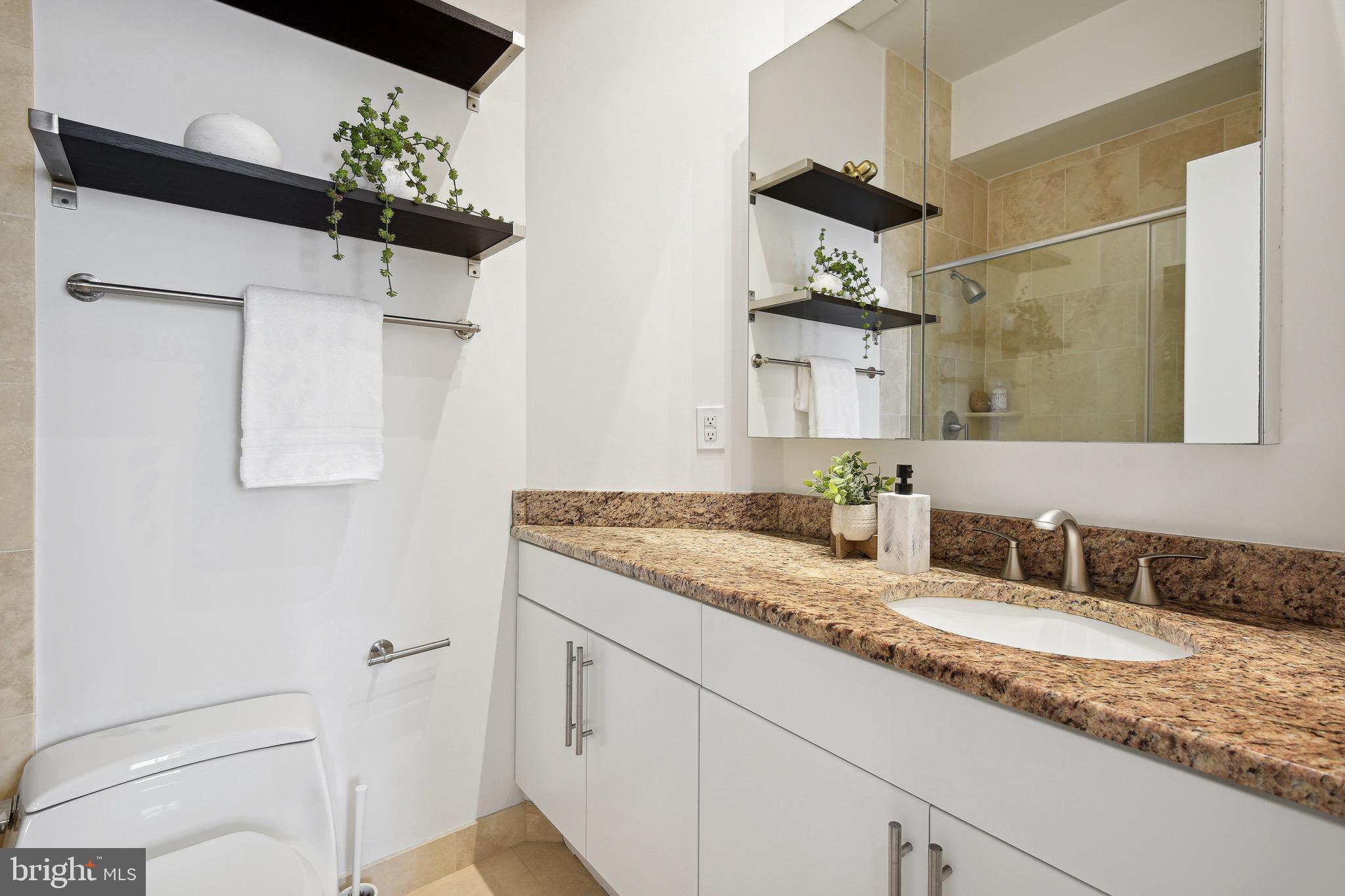 449 R Street Northwest, Unit 301 Washington, DC 20001 - Photo 14 of 29 a bathroom with a granite countertop sink a toilet and mirror