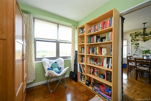 a living room with furniture and a book shelf