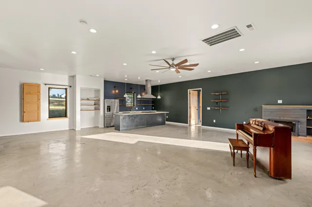 a room with a fireplace